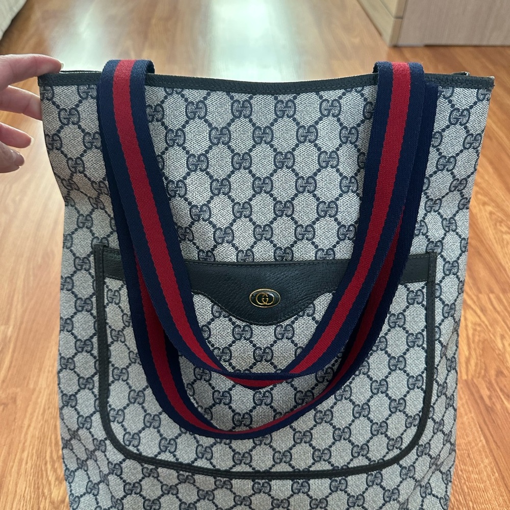 Vintage Gucci navy and red Designer Tote with Leather Trim